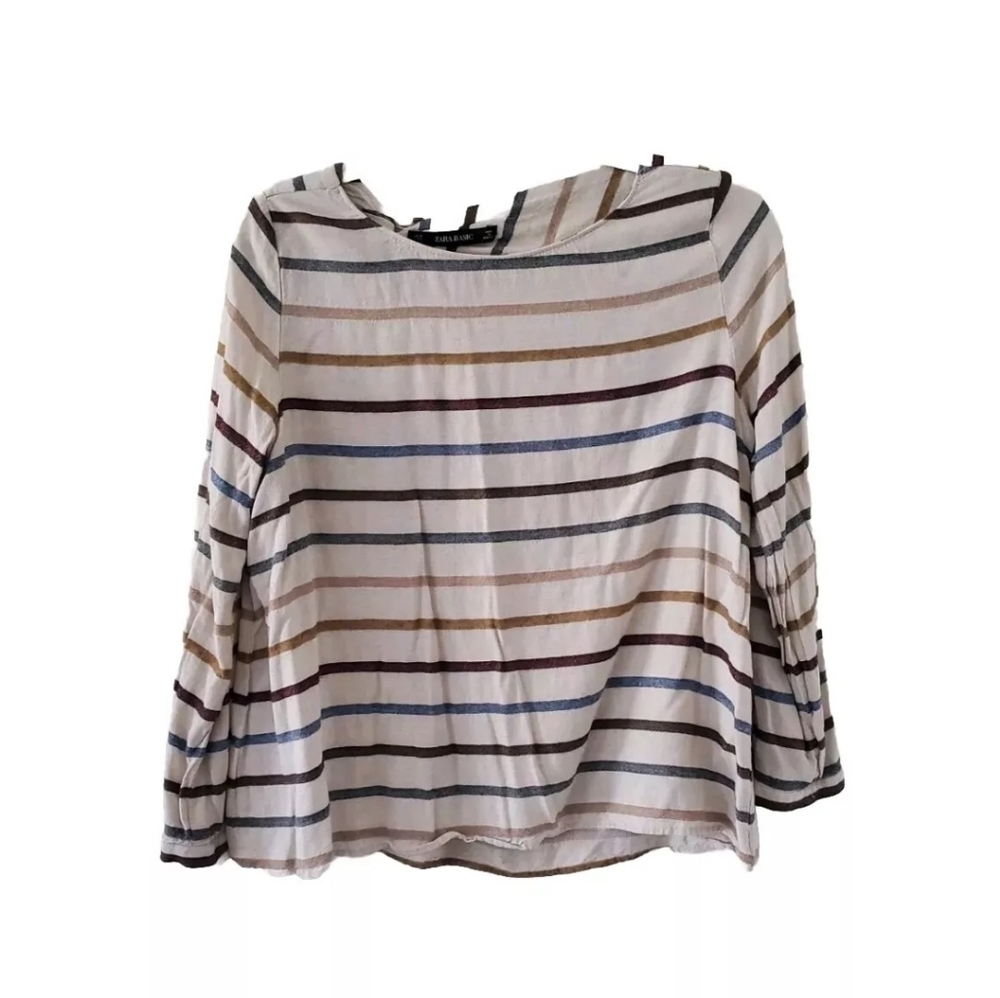 ZARA Basic Medium Shirt Wool Blend Ivory Striped Twist Back Women's Top